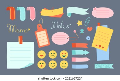 Notebook-Papier klebrige Notiz kawaii Set. Blank Noten mit Elementen der Planung, Emoji Aufkleber. Abstrakte grafische Notizblock-Ecken, Push-Pin. Verschiedenes Firmenbüro. Einzelvektor