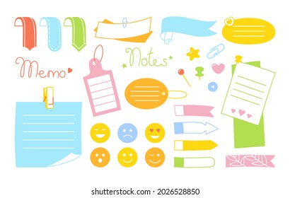 Notebook paper sticky note kawaii bright set. Blank notes with elements of planning, emoji sticker. Abstract graphic notepad curled corners, push pin. Various tag business office. Isolated vector