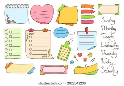 Notebook paper sticky note line set. Blank sticker with elements of planning and days week. Abstract graphic notepad curled corner, push pin. Various tag business office, reminds sheets writing vector