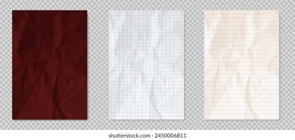 Notebook paper vector. Note sheet for school memo. White page piece with grid and line texture. Realistic mockup for blank diary textbook or business document frame png illustration collection