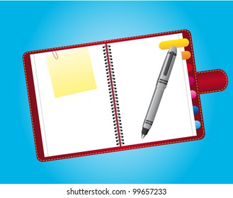 notebook with papers and pen over blue background. vector