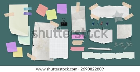 Notebook papers, stickers and adhesive tapes for collage and scrapbook design. White clean and dirty white and grid notepad pages, colorful memo sheets with pen and binder, paperclips and pins