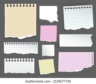 Papeles De Portátil Con Ilustración Del Vector De Borde Tornado. Juego De Páginas De Papel Despejado, Papel De Rip Dañado Vacío.  papel portátil pegado en fondo gris. Portátiles en triángulos de diferentes tamaños. Vector