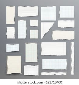 Notebook Papers With Torn Edge Vector Illustration. Ripped Scarp Paper Page Set, Empty Damaged Rip Paper. Isolated Shapes Illustration