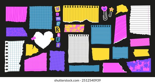 Notebook papers, torn pages, scrapbook elements in vibrant colors. Shredded split uneven design elements. School notes, hand drawn collage graphics. Vector illustration. Ripped tapes and stickers.