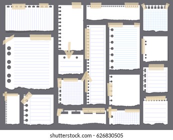 Notebook papers with torn, ripped edge vector set attached with sticky tape on grey background . Ripped paper page, empty damaged rip paper illustration. Realistic vector illustration