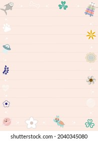Notebook pattern, note paper with flowers, leaves, stars, animals along the edge of the pattern.