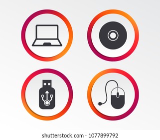 Notebook pc and Usb flash drive stick icons. Computer mouse and CD or DVD sign symbols. Infographic design buttons. Circle templates. Vector