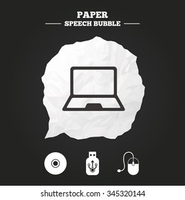 Notebook pc and Usb flash drive stick icons. Computer mouse and CD or DVD sign symbols. Paper speech bubble with icon.