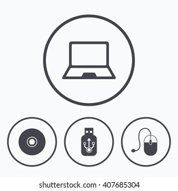 Notebook pc and Usb flash drive stick icons. Computer mouse and CD or DVD sign symbols. Icons in circles.