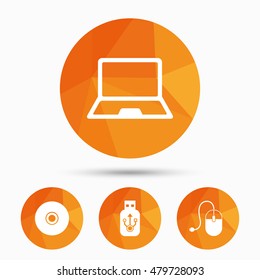 Notebook pc and Usb flash drive stick icons. Computer mouse and CD or DVD sign symbols. Triangular low poly buttons with shadow. Vector