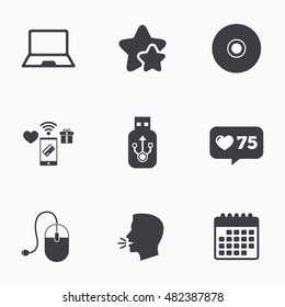 Notebook pc and Usb flash drive stick icons. Computer mouse and CD or DVD sign symbols. Flat talking head, calendar icons. Stars, like counter icons. Vector