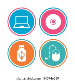 Notebook pc and Usb flash drive stick icons. Computer mouse and CD or DVD sign symbols. Colored circle buttons. Vector