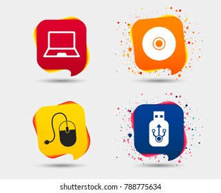 Notebook pc and Usb flash drive stick icons. Computer mouse and CD or DVD sign symbols. Speech bubbles or chat symbols. Colored elements. Vector