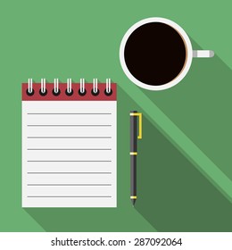 Notebook, pen and black coffee on green background, flat style with long shadows. Diary, list, study, work, planning concept. EPS 10 vector illustration, no transparency