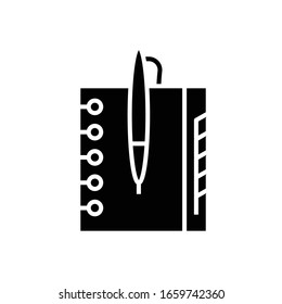 Notebook with pen black icon, concept illustration, vector flat symbol, glyph sign.