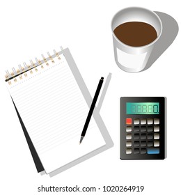 notebook, pen, coffee, calculator