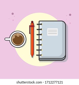 notebook and pen coffee cup flat sytle vector art illustration on a pink yellow background