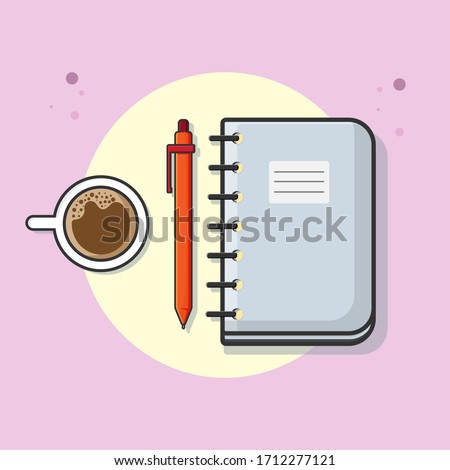 notebook and pen coffee cup flat sytle vector art illustration on a pink yellow background