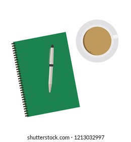 Notebook, pen and coffee on white background, isolated vector illustrations. Top view copy space