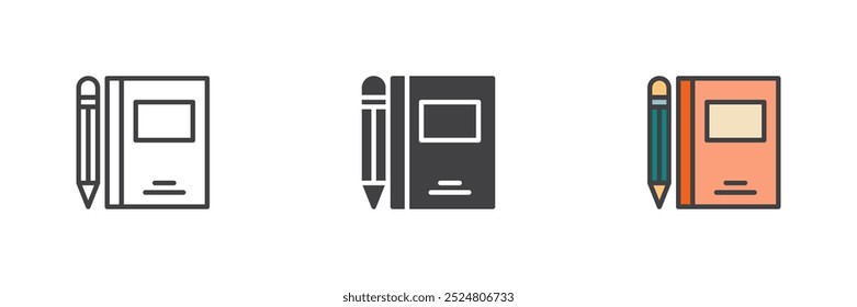 Conjunto de iconos de estilo diferente de cuaderno y pluma. Línea, glifo y contorno relleno versión colorida, contorno y signo de Vector relleno. Libro de texto con el símbolo del lápiz, ilustración del logotipo. Gráficos de Vector