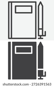 Bloco de anotações com conjunto de ícones de estilo diferente de caneta. Versões de linha, contorno e ícone sólido. Símbolo e sinal de vetor de traçado editável para notas escolares. Ícone do Bloco de Anotações.