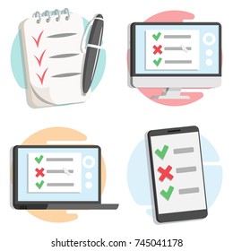 A notebook with a pen. An electronic notebook application on the monitor screen and smartphone. Checklist. Vector, flat.