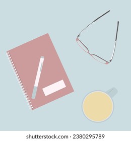 Notebook, pen, eyeglasses, and teacup flat vector illustration