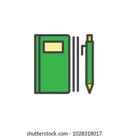 Notebook and pen filled outline icon, line vector sign, linear colorful pictogram isolated on white. Writing note symbol, logo illustration. 