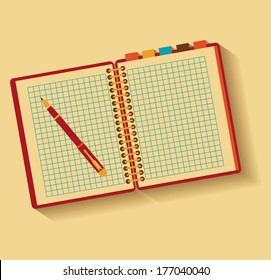 Notebook and pen. Flat design.