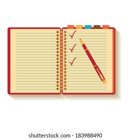 Notebook and pen. Flat design.