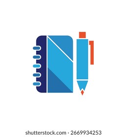 A notebook and pen graphic design, simple and colorful.