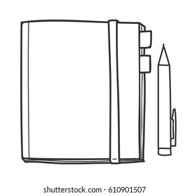 notebook and  Pen hand drawn line art cute vector illustration