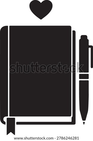 Notebook with Pen and Heart Vector Icon for Journaling and Diary. Black silhouette vector illustration of a notebook with a bookmark, a ballpoint pen, and a heart symbol, representing a love for writing and creative journaling on a white background.