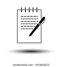 Notebook With Pen Icon. Black on White Background With Shadow. Vector Illustration.