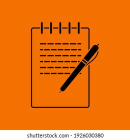 Notebook With Pen Icon. Black on Orange Background. Vector Illustration.