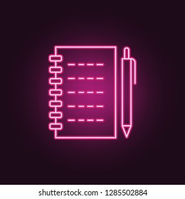 notebook and pen icon. Elements of Crime Investigation in neon style icons. Simple icon for websites, web design, mobile app, info graphics