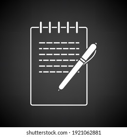 Notebook With Pen Icon. White on Black Background. Vector Illustration.