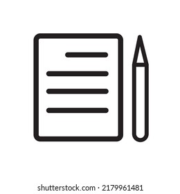 notebook with pen icon, write text paper. Notepad Symbol. Office and school. Business education workplace paperwork outline style editable stroke vector illustration design on white background. EPS 10