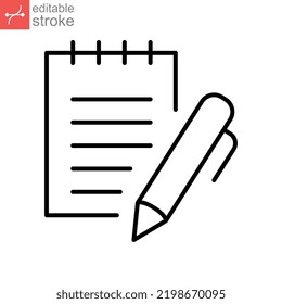 notebook with pen icon, write text paper. Notepad Symbol. Office and school. Business education workplace paperwork outline style editable stroke vector illustration design on white background. EPS 10