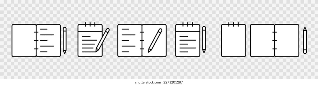 Notebook and pen icons. Document paper icon symbol. Vector isolated on background.