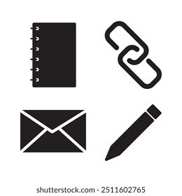 Notebook and pen icons. Envelope and link symbols. Basic office tools. Simple black and white.