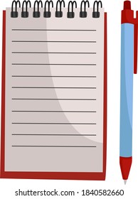 Notebook with pen, illustration, vector on white background