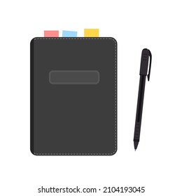 Bloc de notas y bolígrafo aislados en fondo blanco. Caricatura de estilo plano. Ilustración del vector