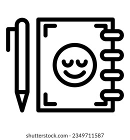 Notebook and pen line icon. Note pad with smiley vector illustration isolated on white. Study pad outline style designed for and app.