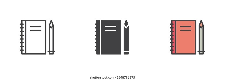 Notebook with pen line icon, solid and filled outline colorful icon set featuring spiral notebook and pen outline, solid notebook icon and filled outline version as color vector sign symbol.