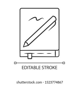 Notebook with pen linear icon. Notepad, diary, stationary item. Taking notes, to do list organizer. Sketchpad. Thin line illustration. Contour symbol. Vector isolated outline drawing. Editable stroke