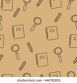 Notebook, pen, magnifying glass pattern on beige background