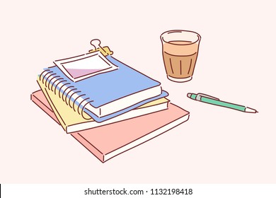 notebook and pen on the desk. hand drawn style vector design illustrations.