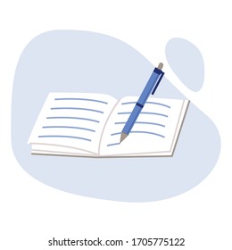Notebook and pen on light blue background vector illustration cartoon flat design modern style 